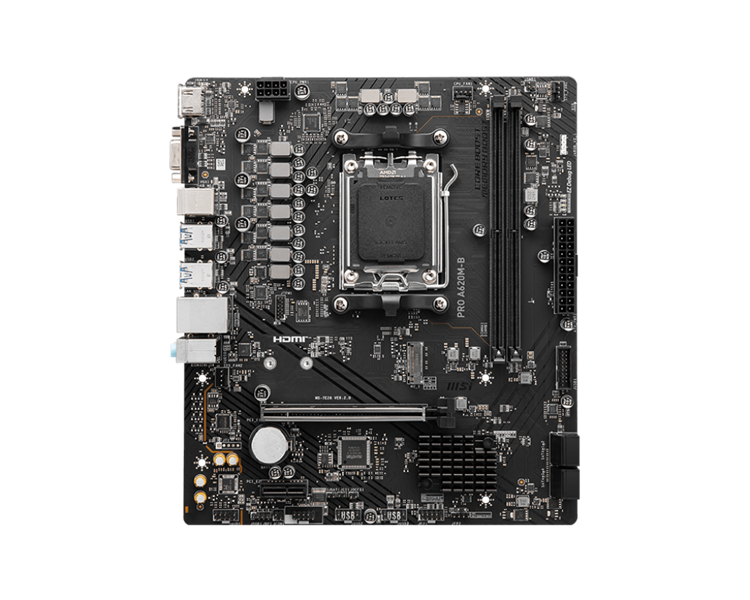 Материнская плата MSI PRO A620M-B, AM5, AMD A620, 2xDDR5, 4xSATA, 1xM.2 (PCIe 4.0 x4), 1xPCIe 4.0 x16, 1xPCIe 3.0 x1, 1xHDMI, 1xVGA, 1x2.5Gb LAN, 6xUSB-A 5Gbps, 6xUSB-A 2.0, 3x3.5 мм, 7.1, mATX