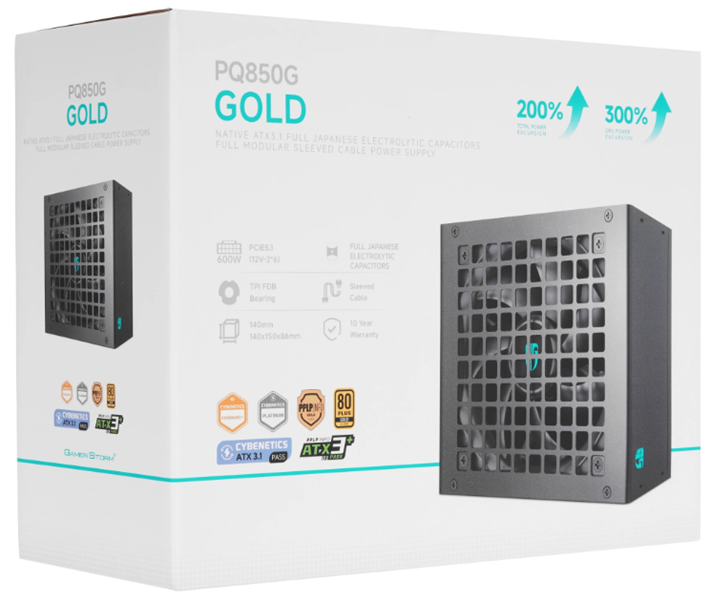 Блок питания Deepcool GAMERSTORM PQ850G (ATX 3.1, 850W, Full Cable Management, PWM 120mm fan, 80+ GOLD, Active PFC + Half Bridge + DC/DC, Full Japanese Capasitors, Gen5 PCIe) RET (R-PQ850G-FD0B-WGEU-V1)