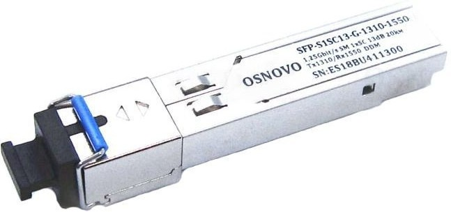 Oптический SFP модуль OSNOVO SFP-S1SC13-G-1310-1550 Оптический SFP Модуль. Одно волокно Single Mode. Скорость: до 1,25 Гбит/c. Тип разъема: SC. Оптический бюджет: 13дБ. Расстояние передачи - до 20км. Рабочая длина волны,нм