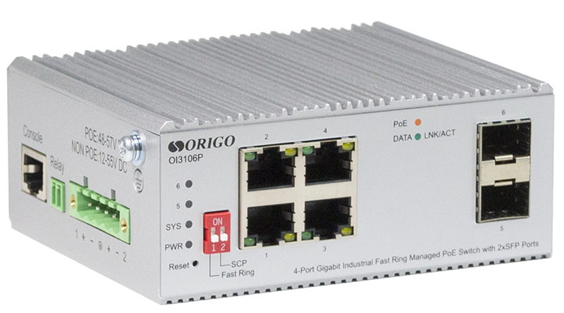 Коммутатор ORIGO Промышленный управляемый L2 PoE-коммутатор, 4x1000Base-T PoE, 2x1000Base-X SFP, PoE-бюджет 60 Вт, защита от статического электричества до 4 кВ, -40..75°C
