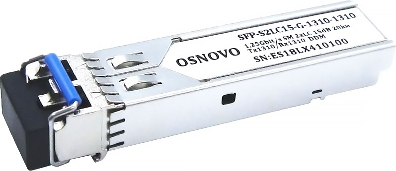 Osnovo - Оптический SFP Модуль. Два волокна Single Mode. Скорость: до 1,25 Гбит/c. Тип разъема: 2xLC. Оптический бюджет: 15дБ. Расстояние передачи - до 20км. Рабочая длина волны,нм - Tx:1310/Rx:1310. Поддержка DDM. Размеры (ШхВхГ): 14,8x12,4x56,5мм. Рабочая температура: 0…+70°С.
