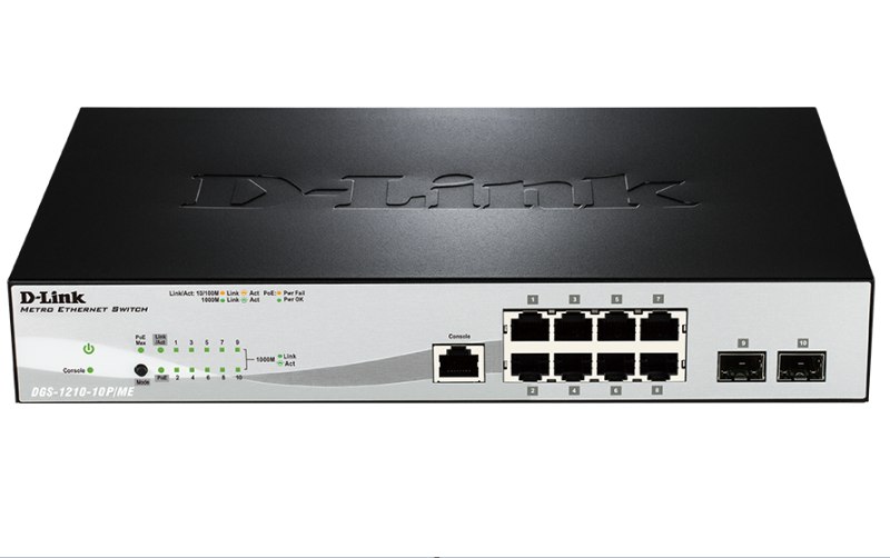 Коммутатор D-Link DGS-1210-10P/ME/A1A, L2, 8×1GbE PoE, 2×SFP, 78W