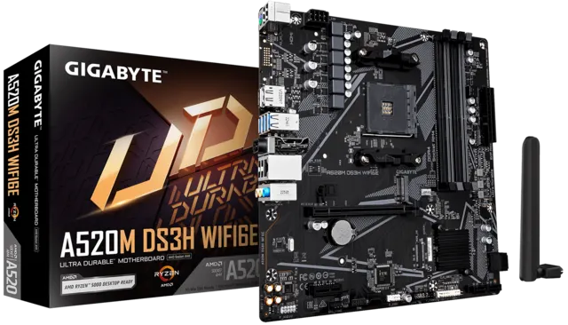 Материнская плата Gigabyte A520M DS3H WIFI6E, AM4, AMD A520, 4xDDR4, 4xSATA, 1xM.2, 1xPCIe 3.0 x16, 1xPCIe 3.0 x1, 1xHDMI, 1xDP, 1x1Gb LAN, Wi-Fi 6E, Bluetooth 5.3, 4xUSB-A 5Gbps, 4xUSB-A 2.0, 1xPS/2, 3x3.5 мм, 7.1, mATX