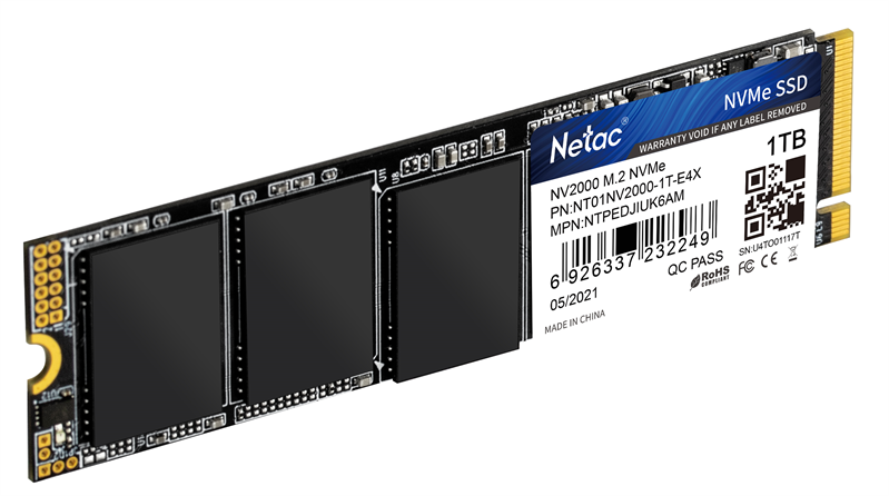 SSD накопитель Netac SSD NV2000 1TB PCIe 3 x4 M.2 2280 NVMe 3D NAND, R/W up to 2500/2100MB/s, IOPS(R4K) 150K/280K, TBW 600TB, 5y wty
