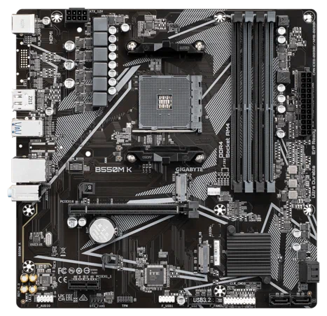 Материнская плата GIGABYTE B550M K, AM4, B550,  4*DDR4, 4*SATA, 2*M.2, 4*USB 3.2, 4*USB 2.0, 1*PCIx16, 1*PCIx1, HDMI+DP, mATX