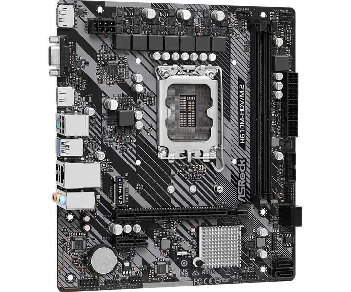 Материнская плата ASROCK H610M-HDV/M.2 R2.0, LGA1700, H610, 2*DDR4, 4*SATA, 1*M.2, 2*USB 3.2, 4*USB 2.0, 1*PCIx16, 1*PCIx1, D-Sub+HDMI+DP, mATX