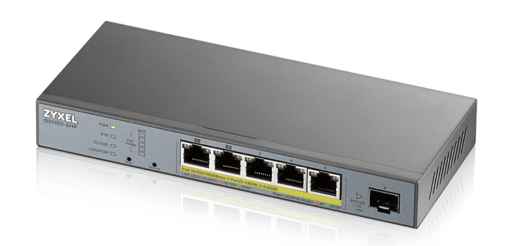 Коммутатор Zyxel GS1350-6HP, 4xGE PoE+, 1xGE PoE++ (802.3bt), 1xSFP, бюджет PoE 60 Вт, дальность передачи питания до 250 м, автоперезагрузка PoE-портов, повышенная защита от перенапряжений и электростатических р