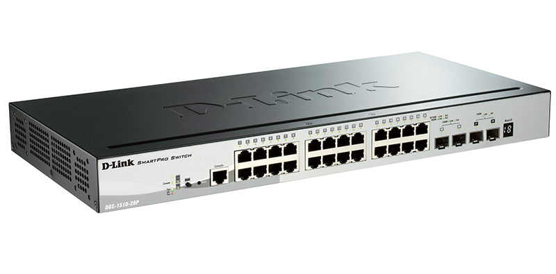 Коммутатор D-Link DGS-1510-28P/A1A, управляемый L2+, 24×1GbE PoE+2×SFP+2×SFP+, PoE 193W