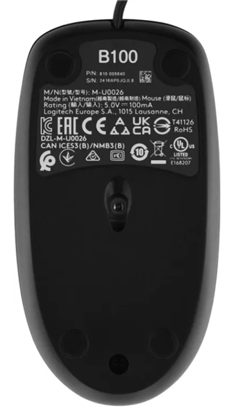 Мышь Logitech B100 Optical Mouse, USB, 1000dpi, Black, CN, [910-006605/910-003357]