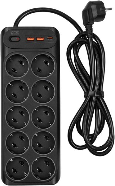 Сетевой фильтр Powercom сетевой фильтр, 3 метра, 10 розеток, USB-Ax2, USB Type-C, 16А/4кВт, cечение провода: 1,5мм2, цвет черный, 1 год гарантии (2065290)