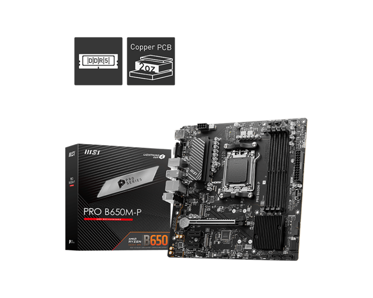 Материнская плата MSI PRO B650M-P,B650,AM5,4DDR5,1PCI-Ex16,2PCI-Ex1,2M.2,4SATA3,3USB3.2 Gen2(2A+1C),4USB3.2 Gen