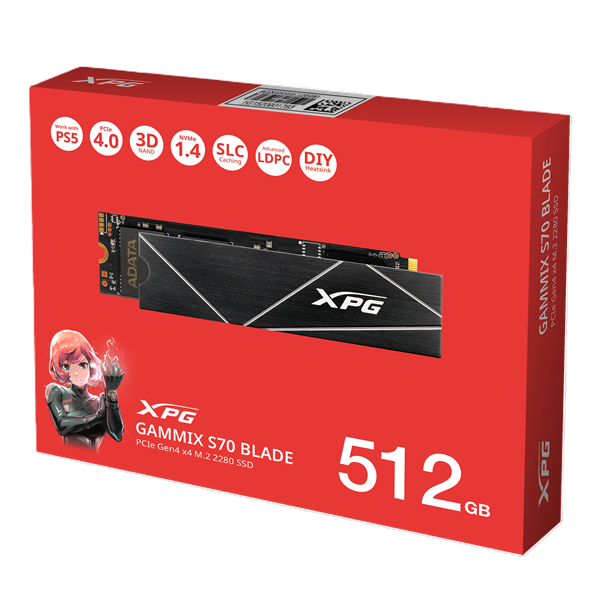 Твердотельный накопитель ADATA GAMMIX S70 BLADE M.2 2280 NVMe PCIe 4.0 x4 512GB 7200/2600 COLOR BOX SEPARATED