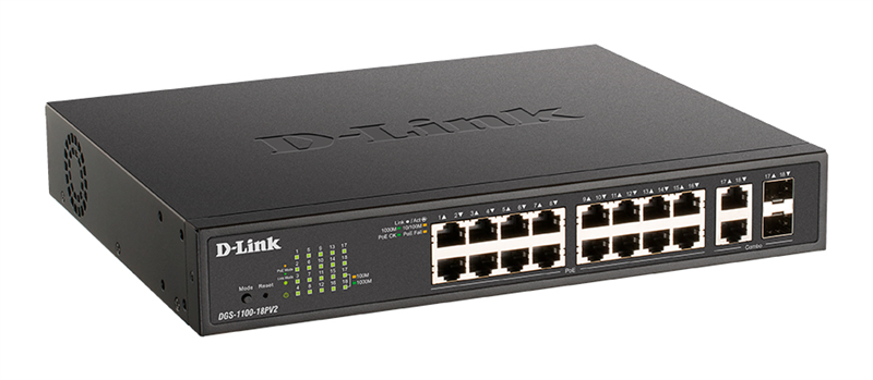 коммутатор D-Link EasySmart L2 Switch 16х1000Base-T PoE, 2xCombo 1000Base-T/SFP, PoE Budget 130W