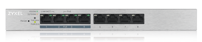 ZYXEL GS1200-8HPV2-EU0101F Коммутатор 8xGE (4xPoE+), настольный, бесшумный (без вентилятора), с поддержкой VLAN, IGMP, QoS и Link Aggregation, бюджет PoE 60 Вт 