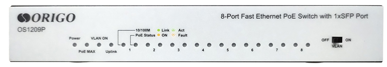 ORIGO OS1209P/80W/A1A Неуправляемый PoE-коммутатор 8x100Base-TX PoE+, 1x1000Base-X SFP, PoE-бюджет 80 Вт, корпус металл
