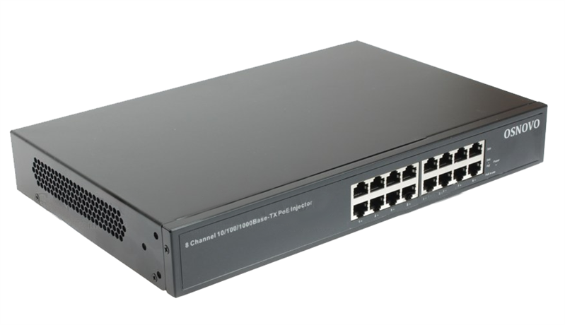 Osnovo - PoE-инжектор Gigabit Ethernet на 8 портов. Соответствует стандартам PoE IEEE 802.3af/at. Автоматическое определение PoE устройств. Мощность PoE на порт - до 30W. Суммарная мощность PoE - до 150W. Вх. - 8 x RJ45 (10/100/1000 Base-T), вых. - 8 x RJ45(10/100/1000 Base-T, PoE, IEEE 802.3af/at). Питание: AC100-240V. Встроенный БП. Монтаж в 19" стойку, крепление в комплекте. Размеры(ШхВхГ): 270x44x180мм. Рабочая температура: -10...+45 гр. C