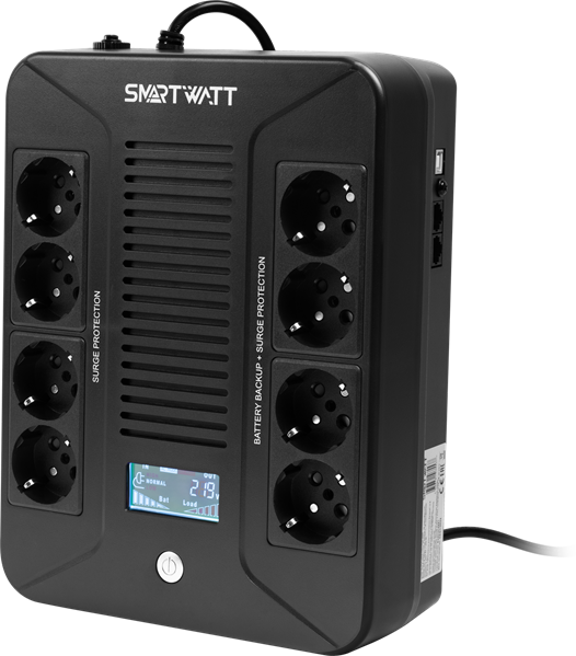 Источник бесперебойного питания SMARTWATT ИБП линейно-интерактивный, мощность 600/360 ВА/Вт, напольный/настенный, LCD дисплей, Shuko CEE7/4 - 8 шт. (4 шт. с резервным питанием, 4 шт. - сетевой фильтр), встроенные АКБ (3703020280001)