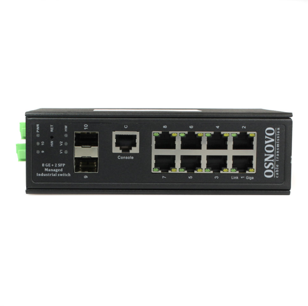 Промышленный коммутатор Gigabit Ethernet OSNOVO SW-70802/ILS Промышленный управляемый (L2+) коммутатор Gigabit Ethernet на 8GE RJ45 + 2 GE SFP порта с функцией мониторинга температуры/ влажности/ напряжения. Порты: 8 x GE (10/100/1000Base-T)