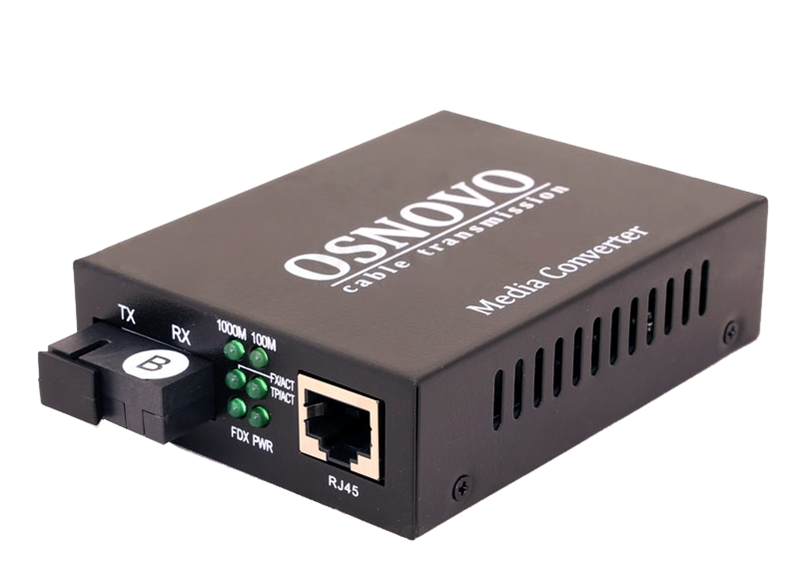 Osnovo - Оптический Gigabit Ethernet медиаконвертер для передачи Ethernet по одному волокну одномодового оптического кабеля до 20км (по многомодовому кабелю до 500м). Поддерживает скорость 10/100/1000М (IEEE 802.3i, IEEE 802.3u, IEEE 802.3ab, IEEE 802.3z). Автоопределение MDI/MDI-X. Вх. - Роз.2,1х5мм(DC5V); Вх./вых. - RJ45(Ethernet)/SC(tx1550/rx1310нм). В комплекте: БП DC5V(1A). Размеры (ШхВхГ): 70x25х93мм. Может устанавливаться в бокс для 19 дюймовой стойки модели О-142B (1 слот). Рабочая температура: 0…+60гр.С.