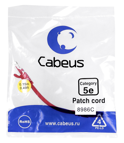 Патч-корд U/UTP, категория 5е, 2xRJ45/8p8c, неэкранированный, красный,0.15м Cabeus PC-UTP-RJ45-Cat.5e-0.15m-RD-LSZH Патч-корд U/UTP, категория 5е, 2xRJ45/8p8c, неэкранированный, красный, LSZH, 0.15м