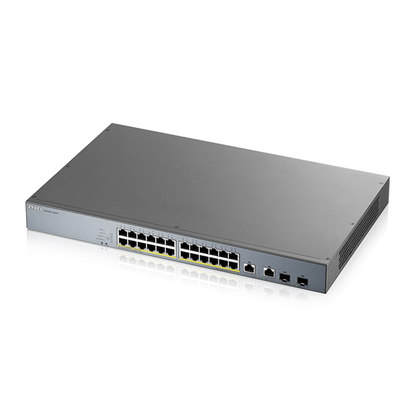 Коммутатор Smart L2 PoE+ для IP-видеокамер Zyxel NebulaFlex Pro GS1350-26HP, rack 19", 24xGE PoE+, 2xCombo (SFP/RJ-45), бюджет PoE 375 Вт, питание до 250м, автоперезагрузка PoE-портов