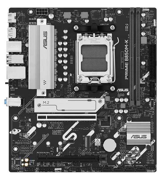 Материнская плата ASUS PRIME B850M-K, AM5, B850, 2*DDR5, 4*SATA, 2*M.2, 4*USB 3.2, 4*USB 2.0, 3*PCIx16, 2*PCIx1, DP+HDMI, mATX; 90MB1LV0-M0EAY0
