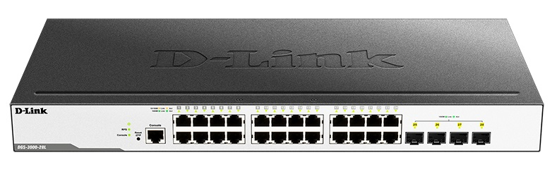 Коммутатор D-Link Управляемый L2 коммутатор, 24x1000Base-T, 4x1000Base-X SFP, защита от статического электричества до 6 кВ, CLI, консольный порт RJ-45, RPS, поддержка Dying Gasp