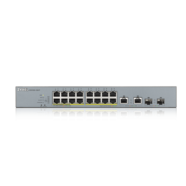 Коммутатор/ ZYXEL GS1350-18HP L2 PoE + switch for IP cameras, 16xGE PoE +, 2xCombo (SFP / RJ-45), PoE budget 250 W, power transmission distance up to 250 m, auto-reloading of PoE ports, increased protection against overvoltage and electrostatic discharges