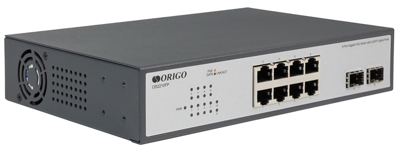 Коммутатор ORIGO OS2210FP/120W/A1A, неуправляемый, 8×1GbE PoE, 2×SFP, PoE-бюджет 120 Вт, 1U