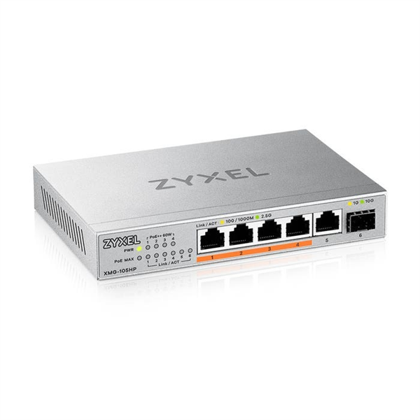 Коммутатор/ Мультигигабитный PoE++ коммутатор Zyxel XMG-105HP, 5xRJ-45: 1/2.5G (4 из них PoE++), 1xSFP+, настольный, бесшумный, бюджет PoE 70 Вт