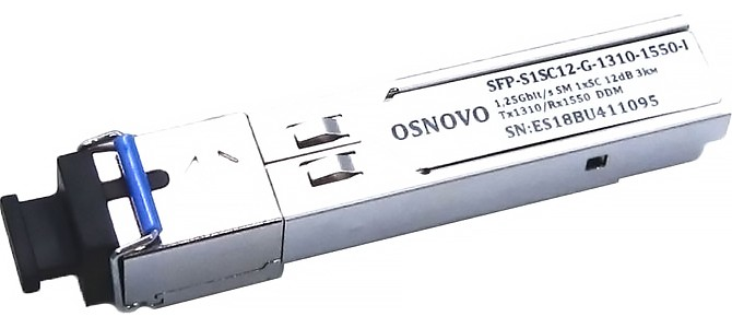 Osnovo - Оптический SFP Модуль промышленный. Одно волокно Single Mode. Скорость: до 1,25 Гбит/c. Тип разъема: SC. Оптический бюджет: 12дБ. Расстояние передачи - до 3км. Рабочая длина волны,нм - Tx:1310/Rx:1550. Поддержка DDM. Размеры (ШхВхГ): 13,7x11x63,8мм. Рабочая температура: -40…+85°С.