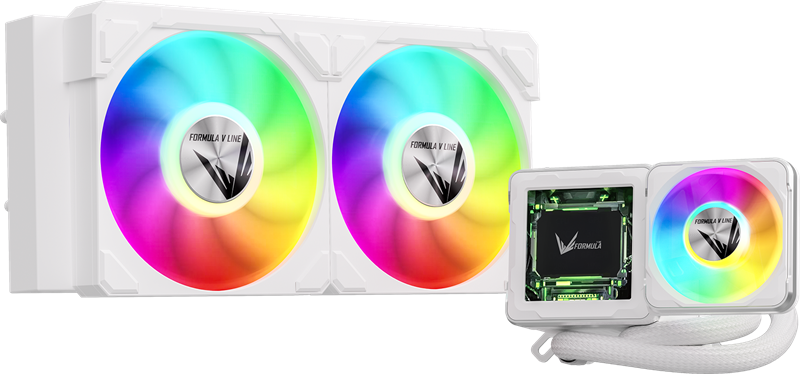 Система водяного охлаждения Formula V Line Cryo Wing Digi 240 WH, 240mm, LCD 2.73", 2x120mm, ARGB fans, LGA115X/1200/1700/1851/1366/2011/2066, AM3/AM4/AM5/Ryzen3/Ryzen5/Ryzen7/Threadripper/RT4