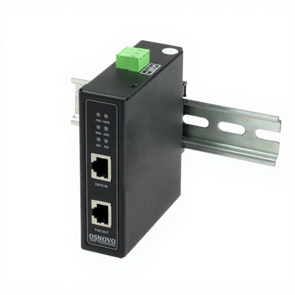 Инжектор/ OSNOVO Midspan-1/303X(Booster) Промышленный PoE-инжектор 10G Ethernet на 30W с бустером напряжения. Соответствует стандартам PoE IEEE 802.3af/at. Автоматическое определение PoE устройств. Мощность PoE - до 30W. Поддержка скорости 10/100/1000/2,5G/5G/10G Base-T. вх. - RJ45 (10/100/1000/2,5G/5G/10G Base-T), вых. - RJ45(10/100/1000/2,5G/5G/10G Base-T, PoE, IEEE 802.3af/at).Встроенная грозозащита 6kV.Размеры(ШхВхГ): 30x105x90 мм. Металлический корпус, Монтаж на DIN-рейку и на стену. Питани