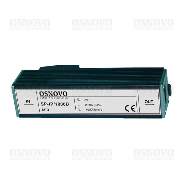 Устройство грозозащиты OSNOVO SP-IP/1000D Устройство грозозащиты для локальной вычислительной сети (скорость до 1000 Мб/с). Двухступенчатая защита. Максимальное длительное рабочее напряжение (Uс) DC6V. Номинальный ток разря