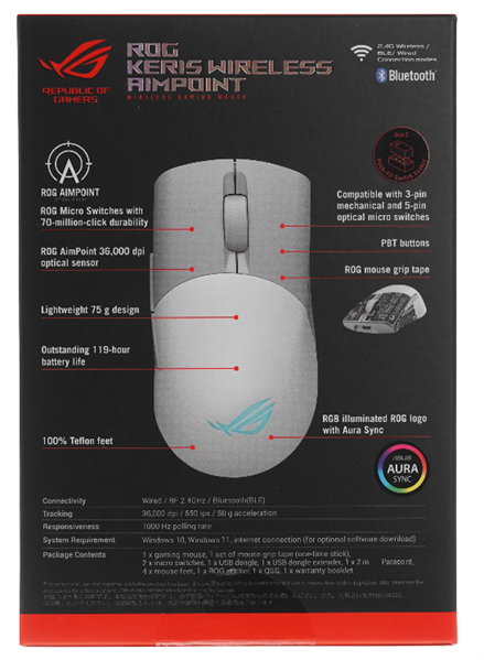Мышь ASUS ROG KERIS WIRELESS AIMPOINT, 75g, 2.4GHz RF, Bluetooth 5.1, 36K DPI sensor, 5 Programmable Button, White