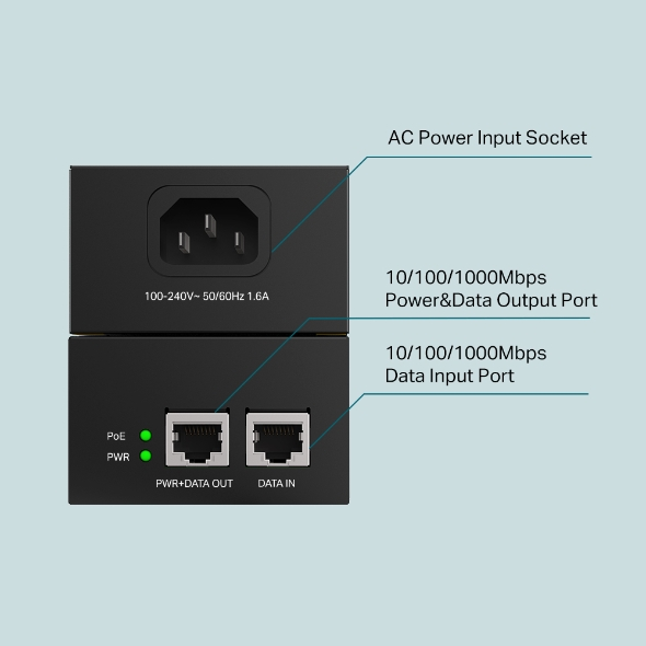 POE170S - PoE-инжектор, TP-Link, POE170S, 2 порта 10/100/1000 Мбит/с, 802.3af/at/bt, мощность до 60 Вт