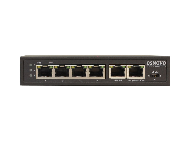 Коммутатор/удлинитель Osnovo, Fast Ethernet c PoE на 6 портов. Порты: 4 х FE (10/100 Base-T) с поддержкой PoE, 1 x FE (10/100 Base-T) Uplink с поддержкой питания по PoE (до 90W), 1 x FE (10/100 Base-T) Uplink. Соответствует стандартам PoE IEEE 802.3af/at. Автоматическое определение PoE устройств. Мощность PoE на порт - до 30W. Поддержка режима CCTV: Увеличение расстояния передачи данных до 250м, изоляция портов. Встроенная грозозащита - 3kV. Питание: По порту FE (10/100 Base-T) Uplink. Размеры (ШхВхГ): 140 x 28 x 80 мм. Рабочая температура: -10...+55 гр. С