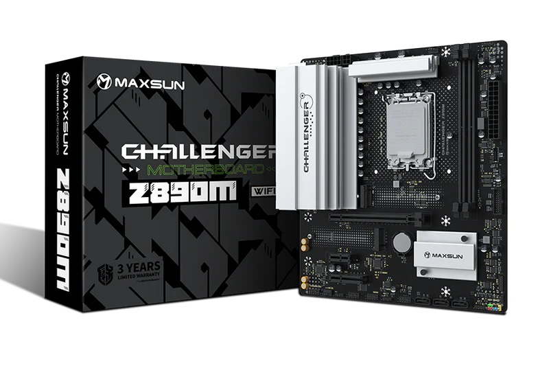 Материнская плата Maxsun MS-Challenger Z890M WIFI, LGA1851, Intel Z890, 2xDDR5, 3xSATA, 2xM.2, 1xPCIe 5.0 x16, 1xPCIe 4.0 x4, 1xPCIe 4.0 x1, 1xDP, 1xHDMI, 1x2.5Gb LAN, Wi-Fi 6, Bluetooth 5.2, 1xUSB-C 10Gbps, 4xUSB-A 5Gbps, 2xUSB-A 2.0, 3x3.5 мм, mATX