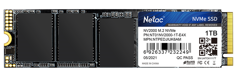 SSD накопитель Netac SSD NV2000 1TB PCIe 3 x4 M.2 2280 NVMe 3D NAND, R/W up to 2500/2100MB/s, IOPS(R4K) 150K/280K, TBW 600TB, 5y wty