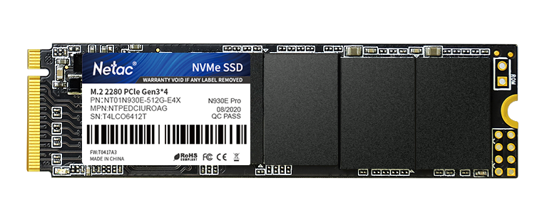 SSD накопитель Netac SSD N930E Pro 512GB PCIe 3 x4 M.2 2280 NVMe 3D NAND, R/W up to 2080/1700MB/s, IOPS(R4K) 200K/200K, TBW 300TB, 3y wty