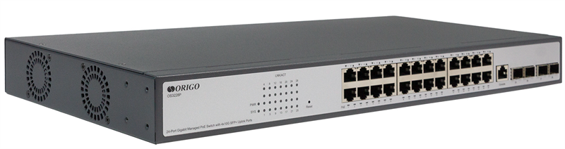 Коммутатор ORIGO Управляемый L3 PoE-коммутатор, 24x1000Base-T PoE, 4x10GBase-X SFP+, PoE-бюджет 250 Вт, консольный порт RJ-45, комплект для установки в 19" стойку