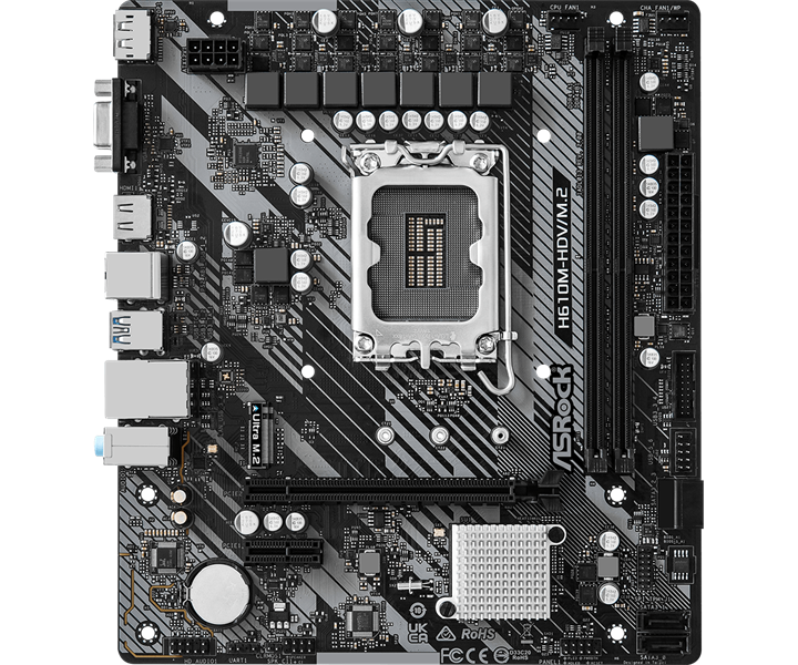 Материнская плата ASROCK H610M-HDV/M.2 R2.0, LGA1700, H610, 2*DDR4, 4*SATA, 1*M.2, 2*USB 3.2, 4*USB 2.0, 1*PCIx16, 1*PCIx1, D-Sub+HDMI+DP, mATX