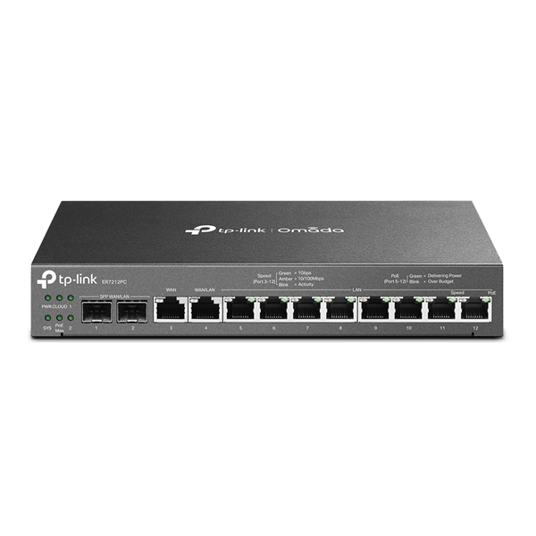 VPN-маршрутизатор TP-Link Omada 12 портовый, 8 портов LAN RJ45 PoE+ (802.3af/at), бюджет PoE 110 Вт + 2 гигабитных порта WAN/LAN SFP, гигабитный порт WAN RJ45, гигабитный порт WAN/LAN RJ45.