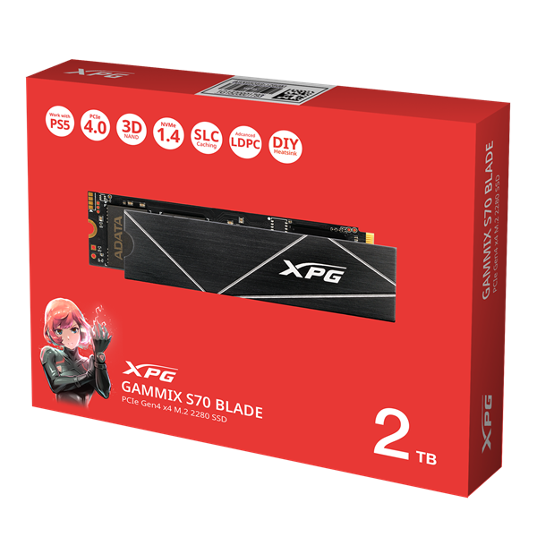 Твердотельный накопитель ADATA GAMMIX S70 BLADE M.2 2280 NVMe PCIe 4.0 x4 2TB 7400/6800 COLOR BOX SEPARATED