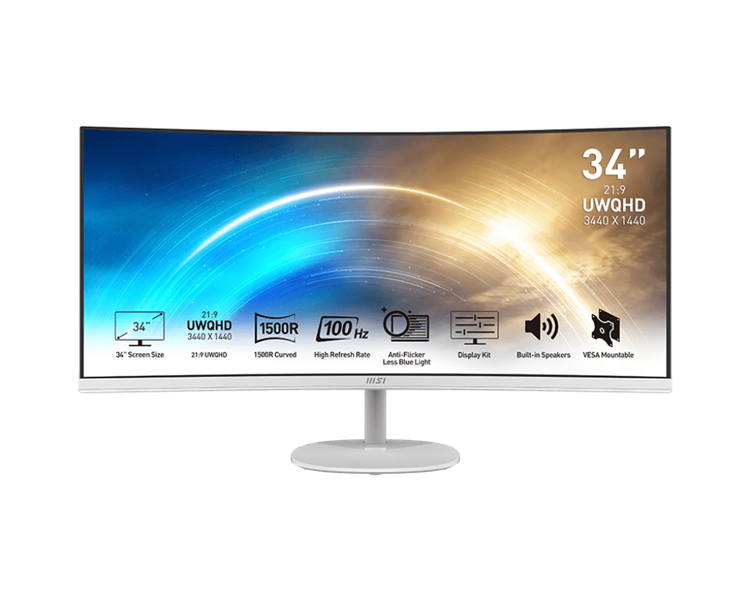 Монитор MSI PRO MP341CQW 34" 21:9 UWQHD(3440x1440) VA Curve1500R,1ms(MPRT),3000:1,100M:1,300nit,178/178,2xHDMI 2.0,DP 1.2,Tilt,Speaker,VESA,100Hz,White,1y war-ty
