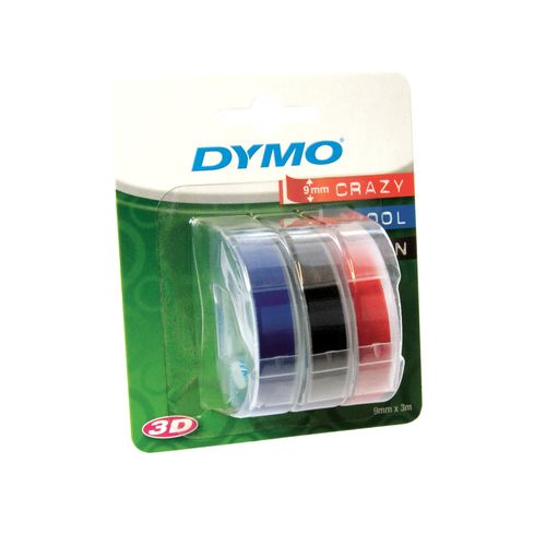Лента для механических принтеров DYMO Omega, 9 мм х 3м, пластиковая ассортимент (черный, синий, красный), шрифт белый, 3 шт. в блистере (Original)