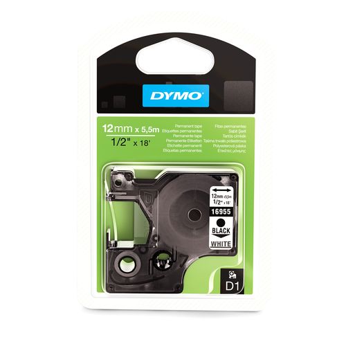 Картридж с полиэстровой лентой D1 для принтеров DYMO LabelManager 12мм х 5,5м, черный на белой ленте (Original)