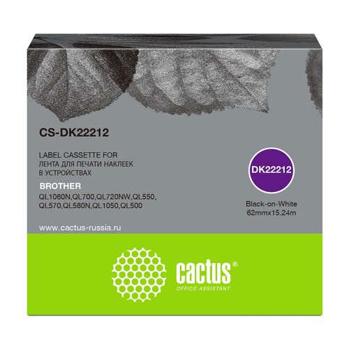 Картридж ленточный Cactus CS-DK22212 DK-22212 черный на белом 62x15.24 черный для Brother P-touch QL-500, QL-550, QL-700, QL-800 (Cactus)