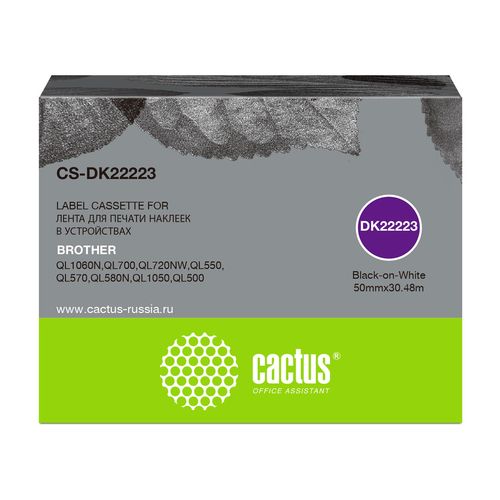 Картридж ленточный Cactus CS-DK22223 DK-22223 черный на белом 50x30.48 черный для Brother P-touch QL-500, QL-550, QL-700, QL-800 (Cactus)
