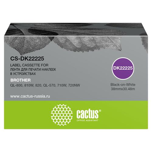 Картридж ленточный Cactus CS-DK22225 DK-22225 черный на белом 38x30.48 черный для Brother QL-800, 810W, 820, QL-570, 710W, 720NW (Cactus)